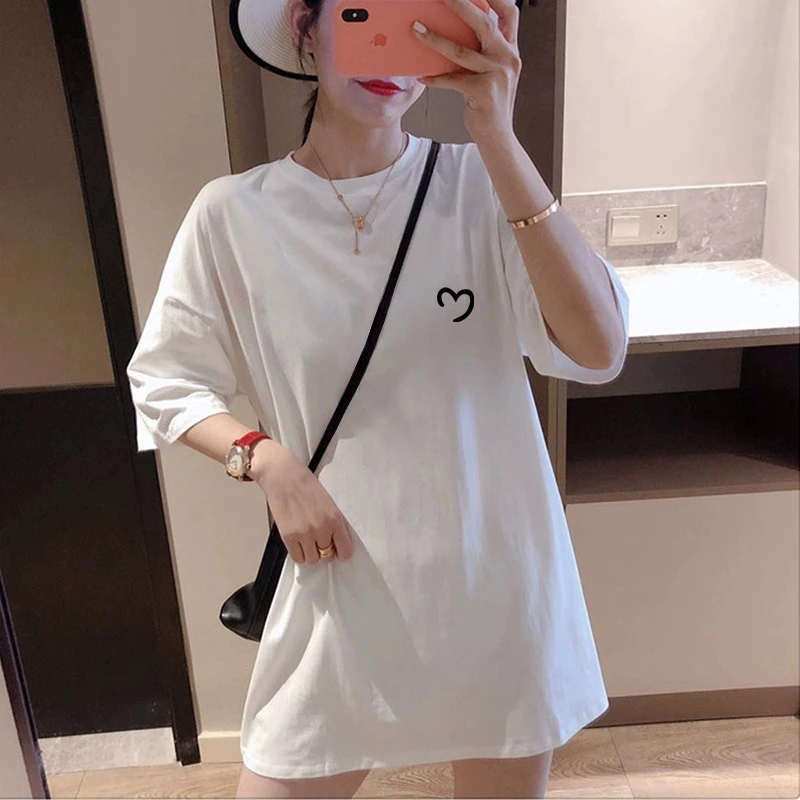 2025春夏宽松中长款圆领白色短袖T恤女圆领宽松休闲简约百搭上衣