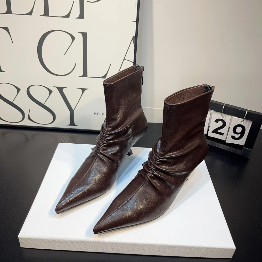 【小咪】尖头褶皱设计细跟短靴女2025秋冬新款女靴短筒靴小众瘦瘦靴