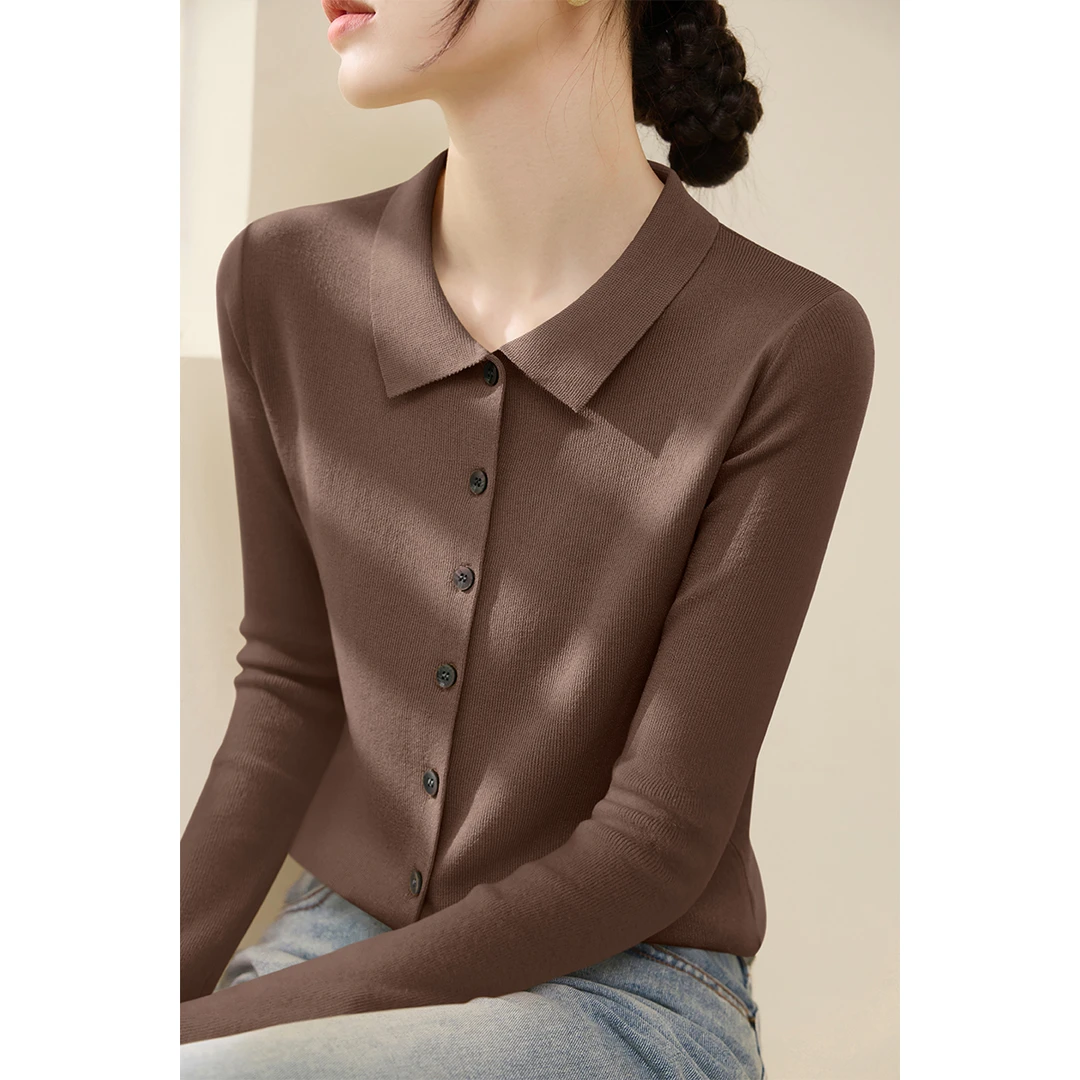 棕色修身显瘦长袖针织开衫2025秋季新款气质POLO领上衣纯色毛衣女
