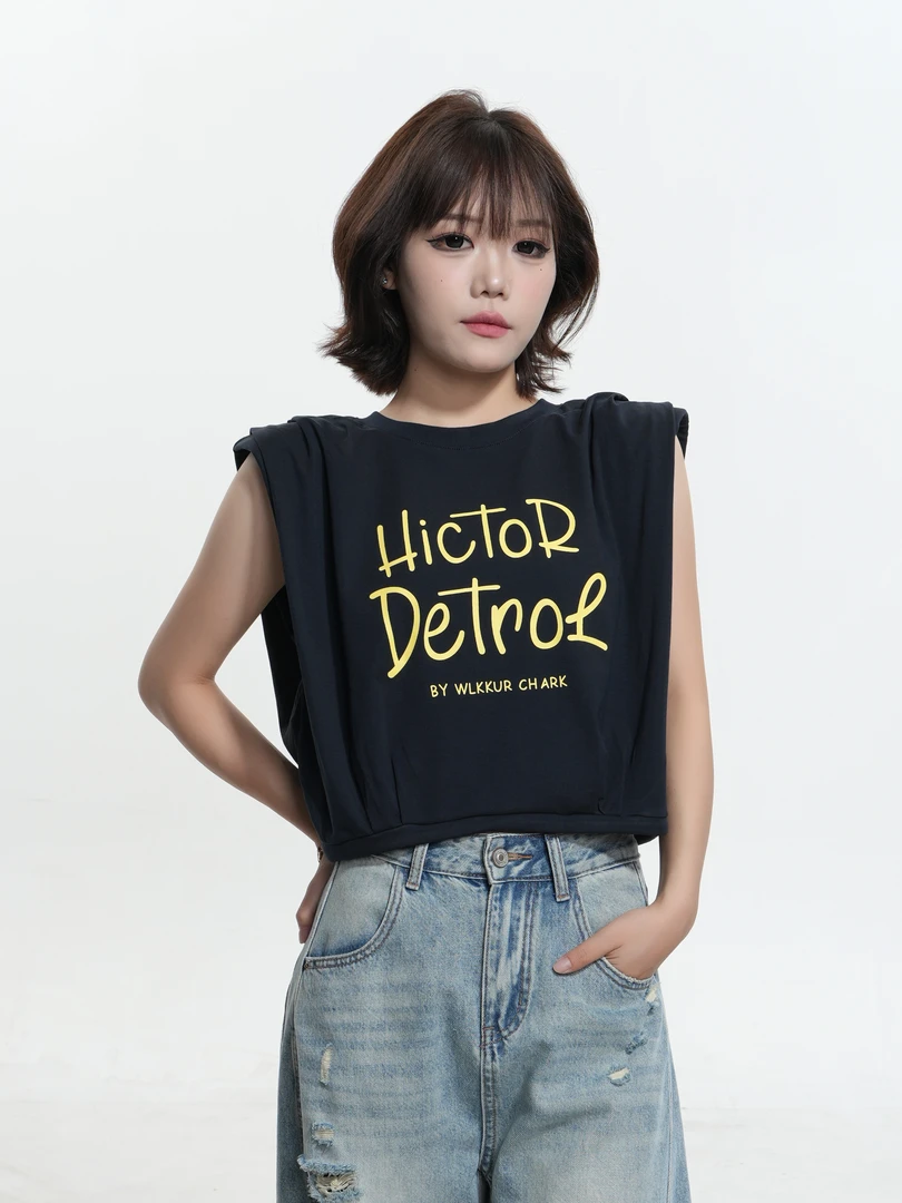 楚晗【字母】夏季圆领字母印花短款无袖绑带露腰T恤