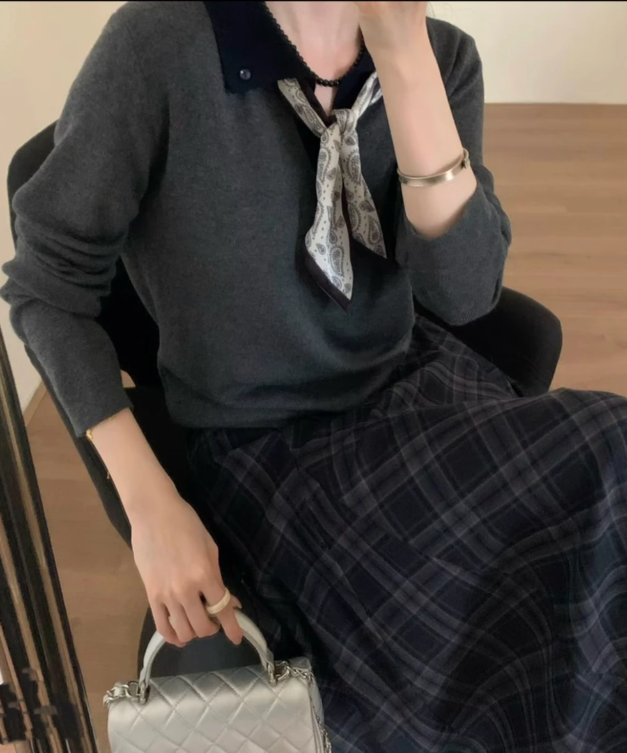 设计撞色长袖新款T恤丝巾气质打底上衣S051