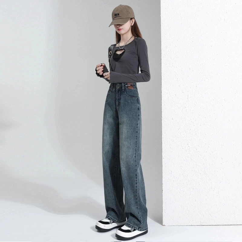 高腰阔腿加绒牛仔裤女秋冬季2024窄版直筒宽松新款显瘦加长版裤子