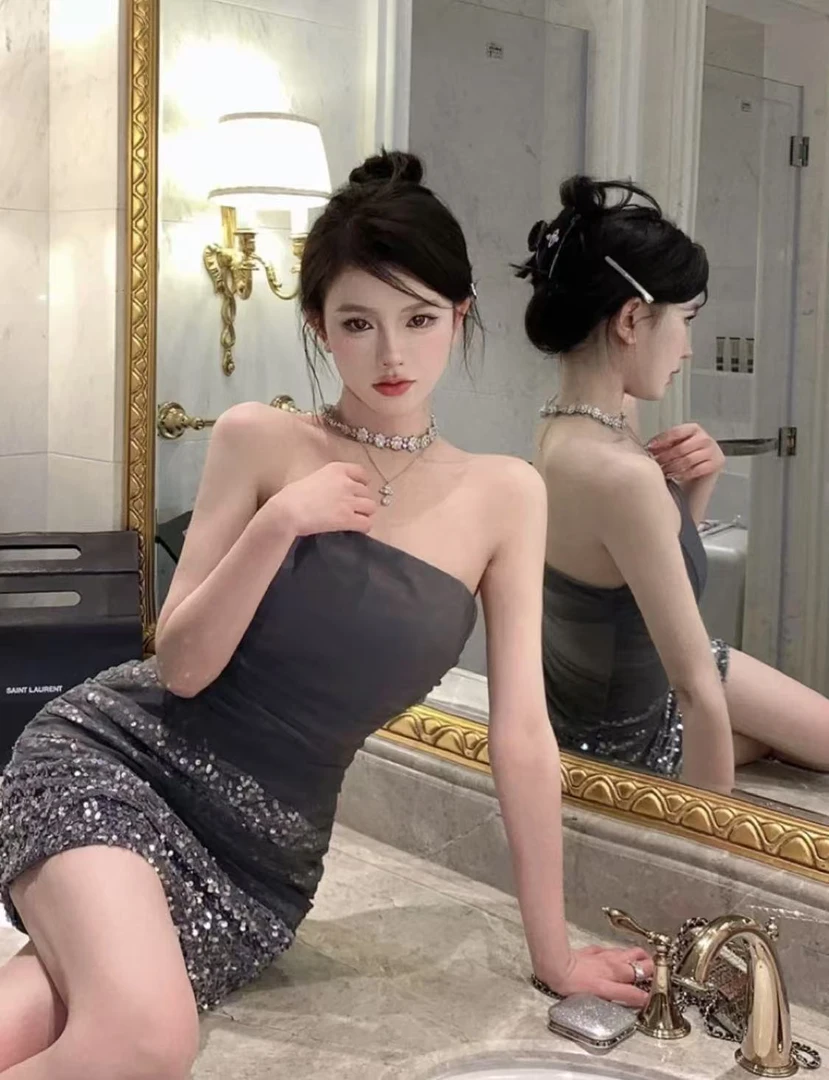 1035抹胸连衣裙高级感纯欲拼接亮片小礼裙女