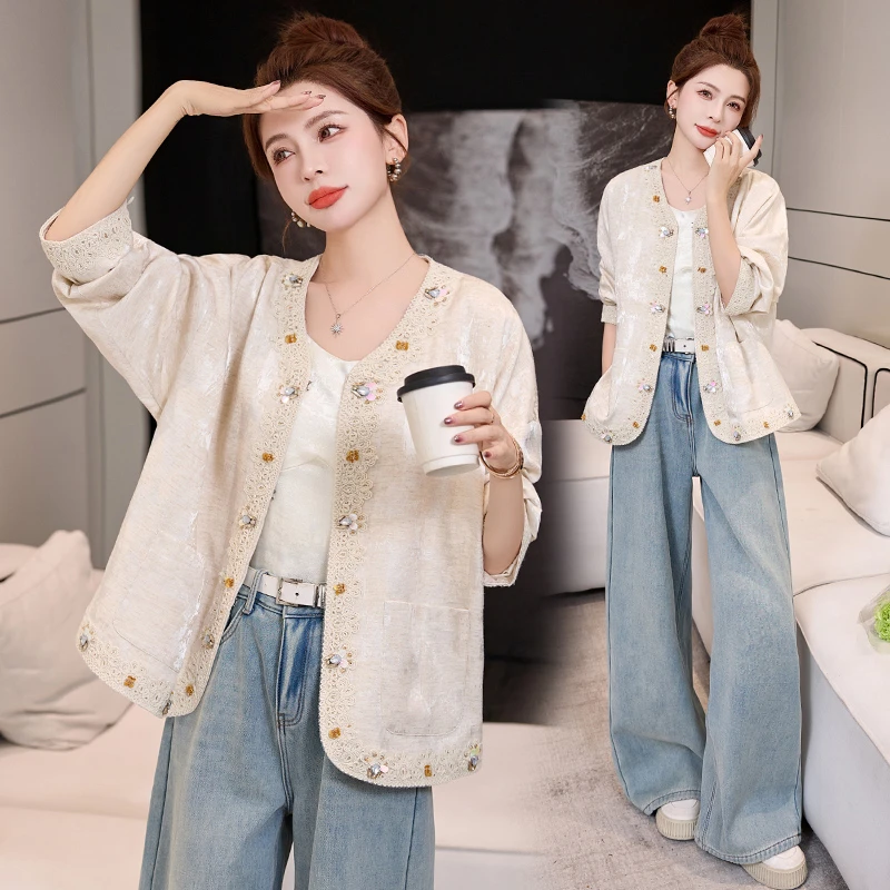 欧洲站2025早春款新中式高级感轻奢提花钩花设计感宽松女士外套潮