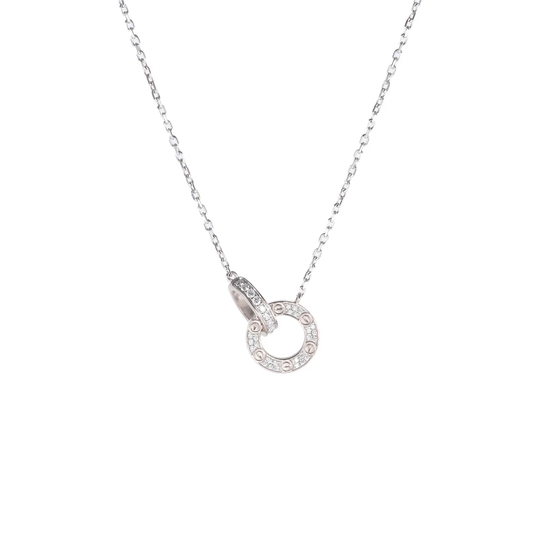 99新 Cartier/卡地亚 花花18K白金 钻石 白金 双环 满钻 项链 18K