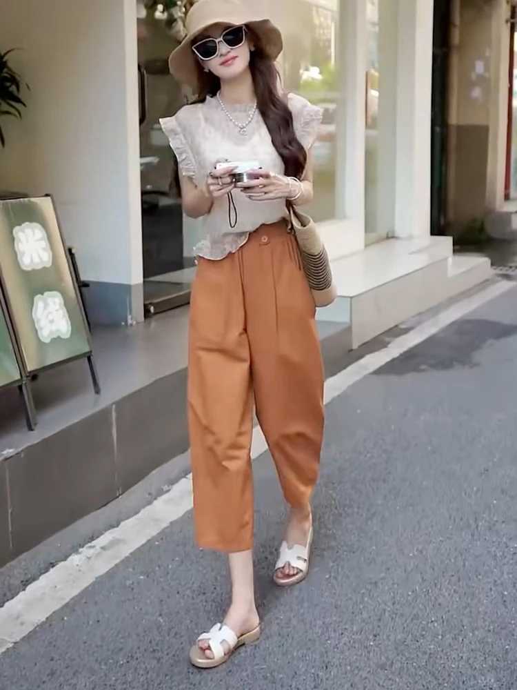 女士夏季薄款裤子高腰显瘦休闲裤大码梨形身材遮肉显瘦九分哈伦裤