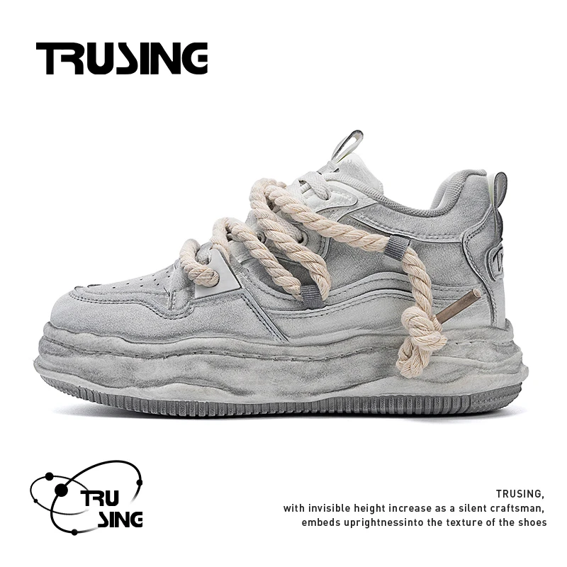 TRUSING初星加绒秋冬新款隐形增高潮鞋厚底板鞋双鞋带痞帅男鞋子