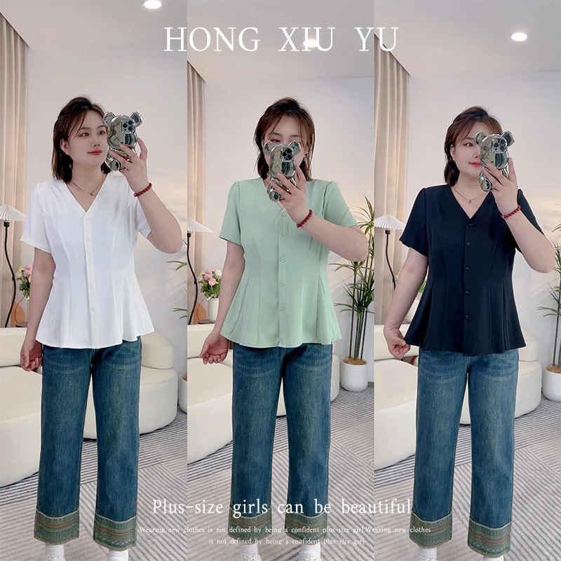 【红袖雨】新款宽松清凉伞摆雪纺衫大码休闲风短袖SE0624250428