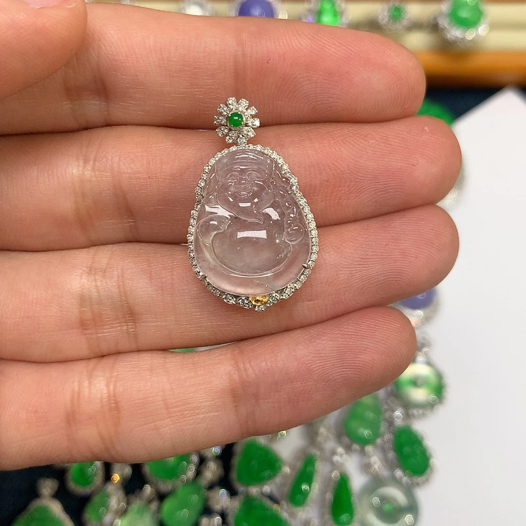 翡翠吊坠(不含链)18K金镶嵌白冰财神