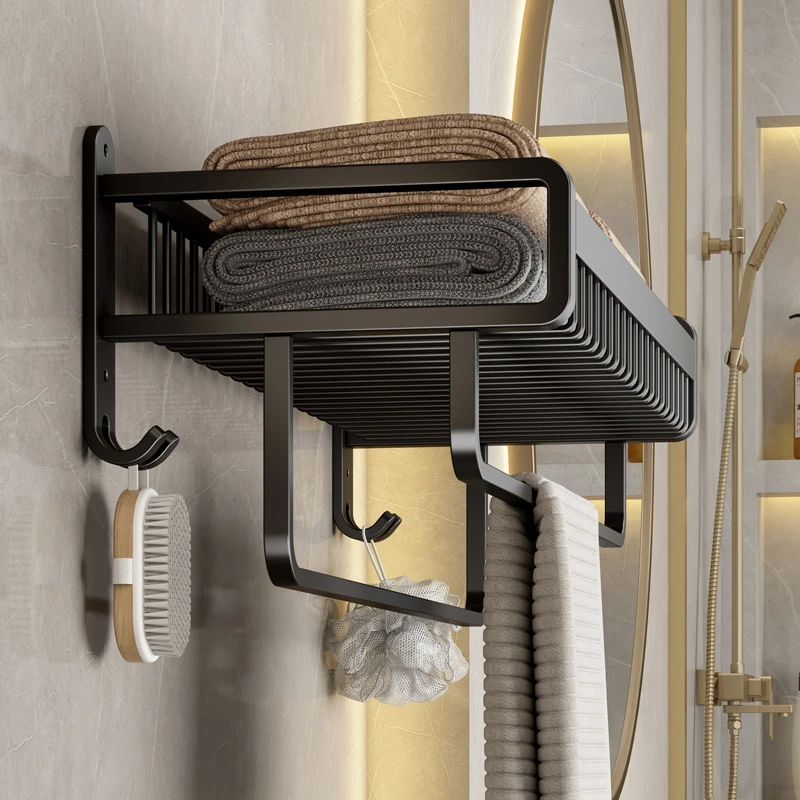 毛巾架免打孔卫生间浴室置物架壁挂太空铝黑色卫浴双杆网篮浴巾架