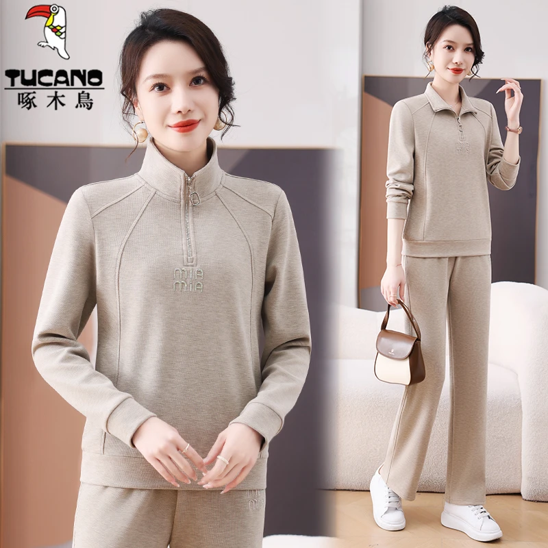 啄木鸟中年妈妈运动服套装女春秋季2025新款春秋半拉链卫衣两件套