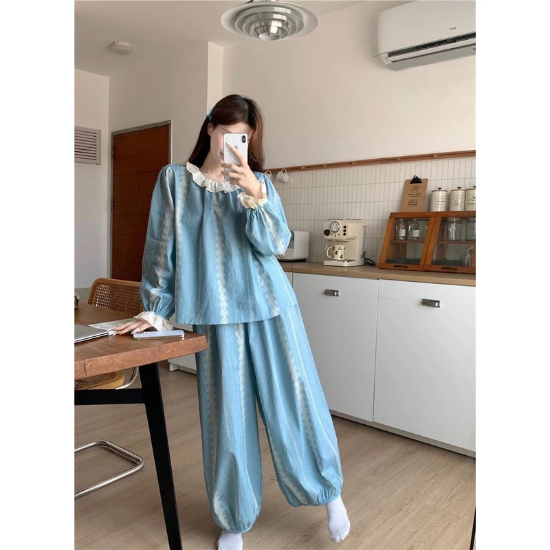 睡衣女春秋季长袖长裤韩版新款甜美花边条纹学生家居服套装冬天