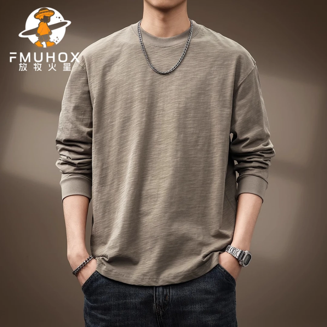 @放牧火星 高端日系复古竹节棉长袖T恤男春秋款简约基础宽松体恤