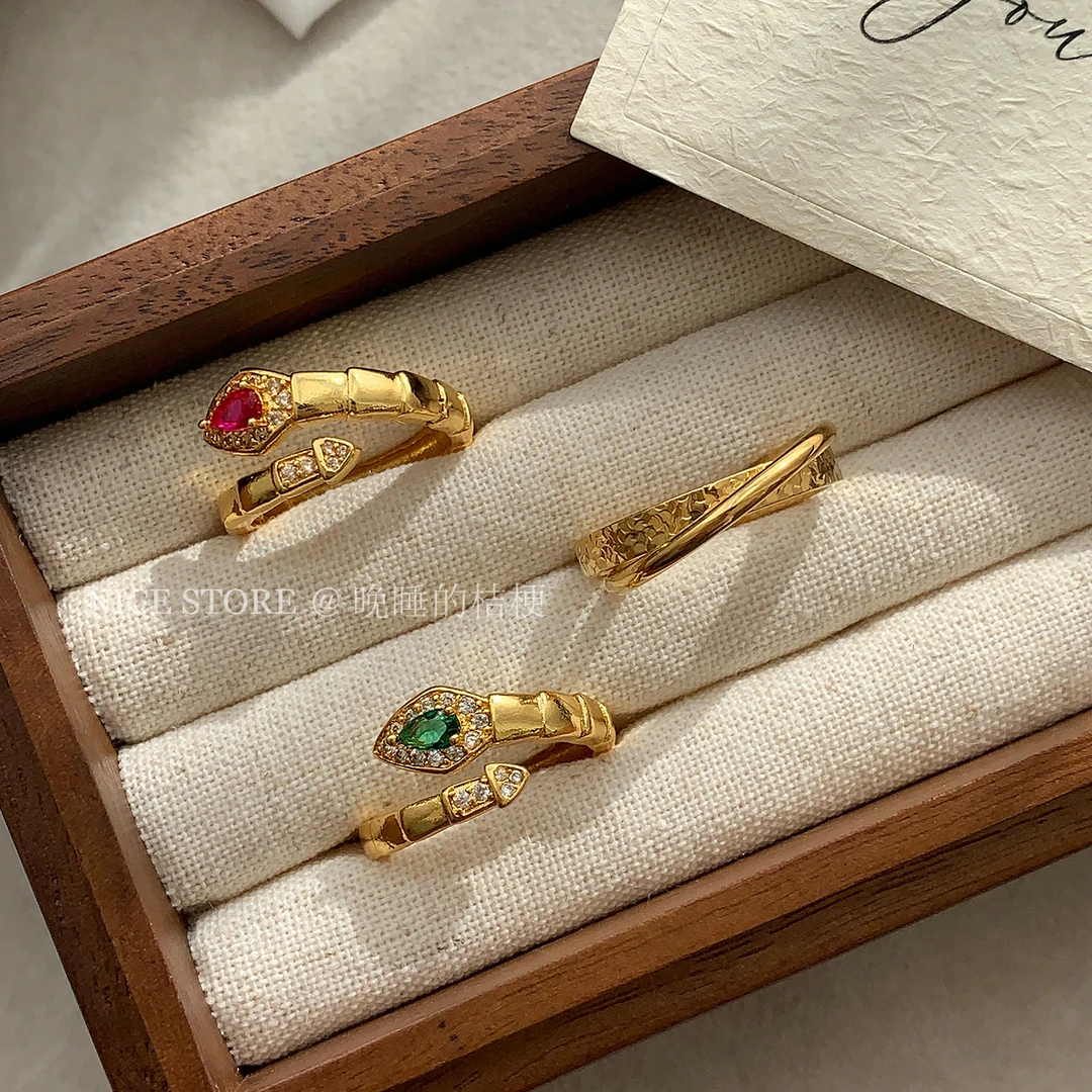 铜合金戒指 晚睡的桔梗「金蛇迎春」新中式金色活口本命年叠戴指戒