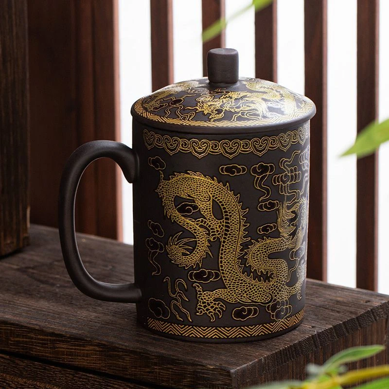 A054遇热变色紫砂杯黑泥祥龙紫砂马克杯带盖家用办公描金半手茶杯
