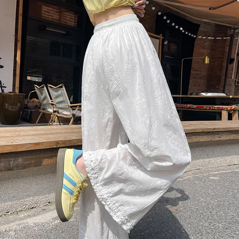 温柔风绣花蕾丝镂空花边阔腿裤女夏季防晒裤子白色木耳花边休闲裤