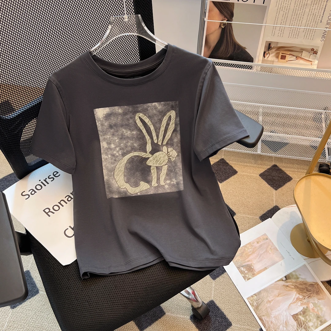 玄幻兔早春夏季220g弹力棉灰色宽松女设计感卡通印花短袖T恤-XHT