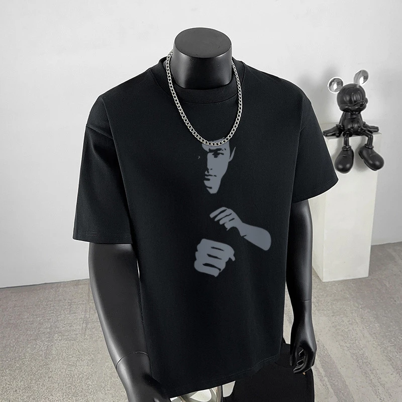 国潮ins李小龙印花纯棉短袖t恤男夏季高街设计感百搭休闲重磅上衣