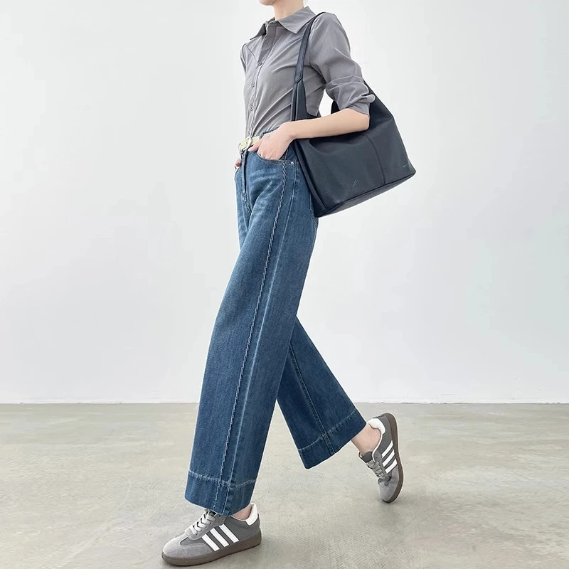 蓝色牛仔直筒裤女2025年夏季宽松显瘦小个子薄款高腰九分阔腿裤子