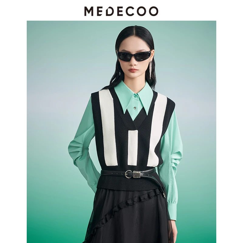 MEDECOO/墨蒂珂【星线好物】撞色条纹无袖V领针织衫马甲MIC40107