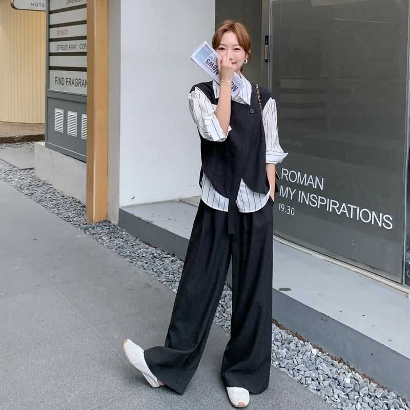 老钱风穿搭一整套女秋装2025新款高级感假两件条纹上衣阔腿裤套装