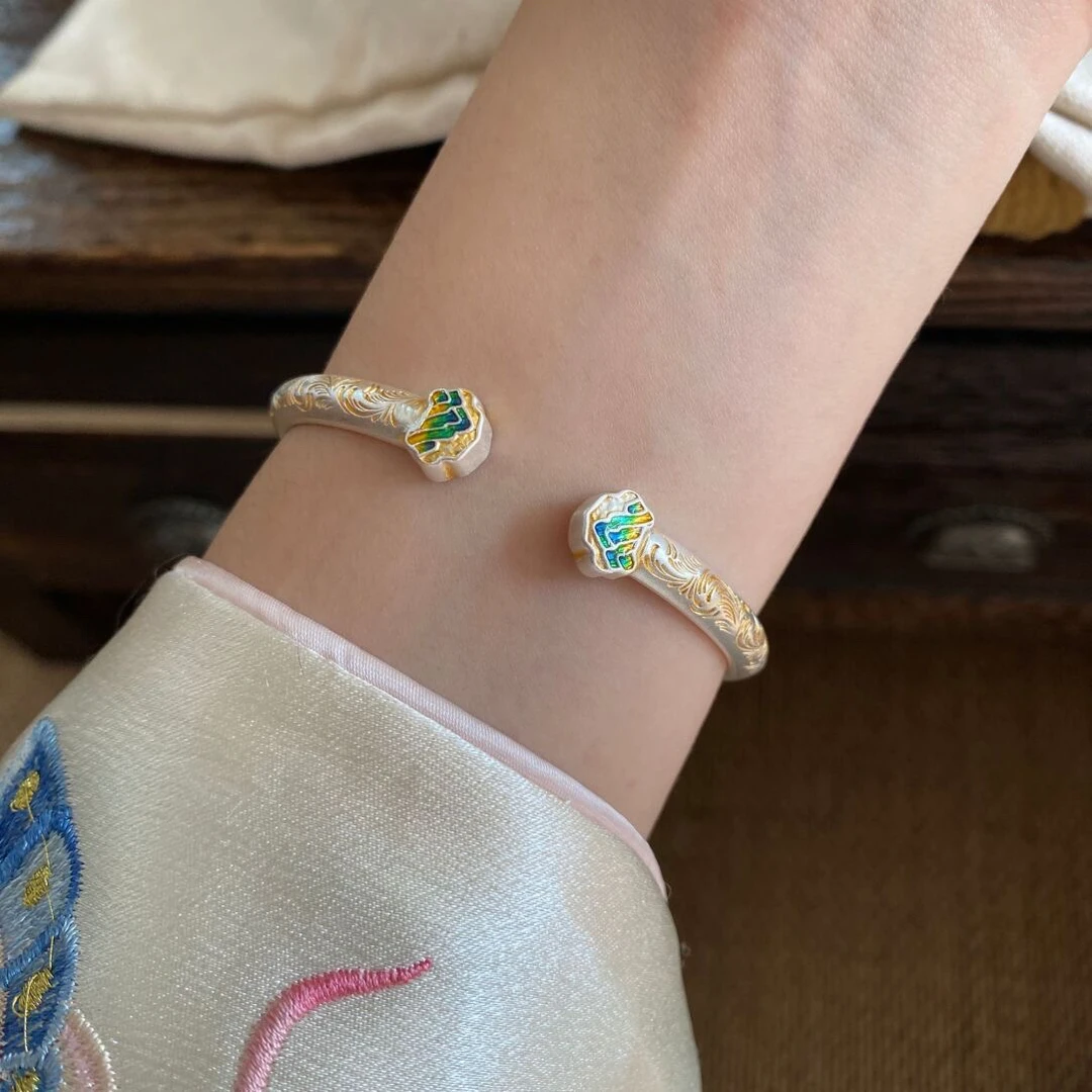 足银手镯 S6足银9999描金唐草纹千里江山实心手镯女开口新中式