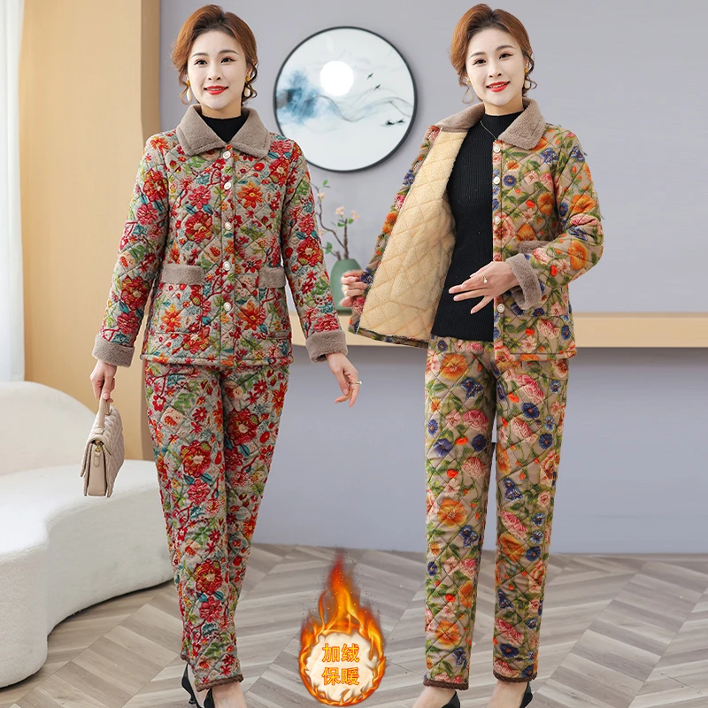 两件套新款套装国风款休闲时尚中老年妈妈装加绒加厚棉衣棉裤外套