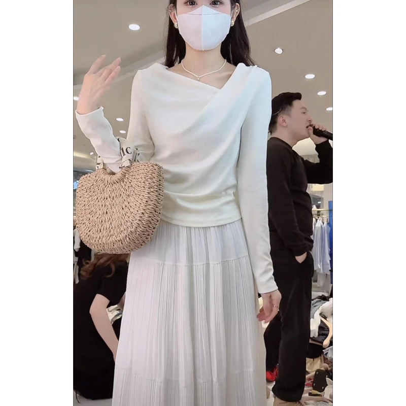 一字肩高级感小众炸街长袖T恤女春秋季收腰褶皱修身荡领显瘦上衣