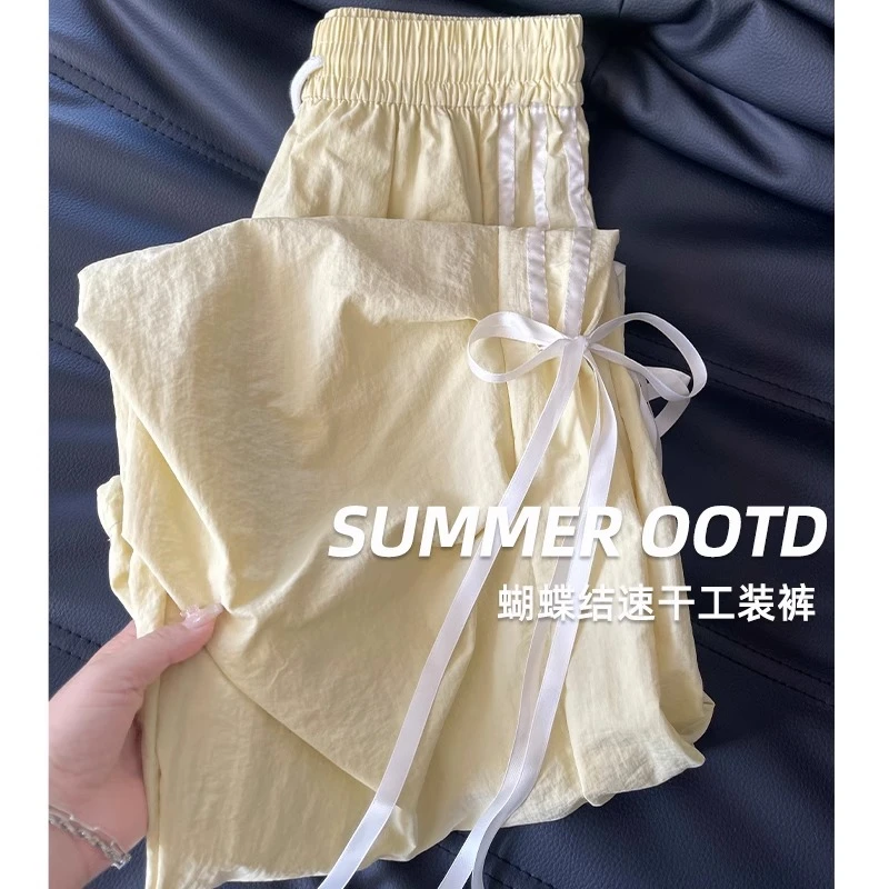 黄色蝴蝶结运动裤女夏季2025新款高腰休闲直筒冰丝速干阔腿工装裤