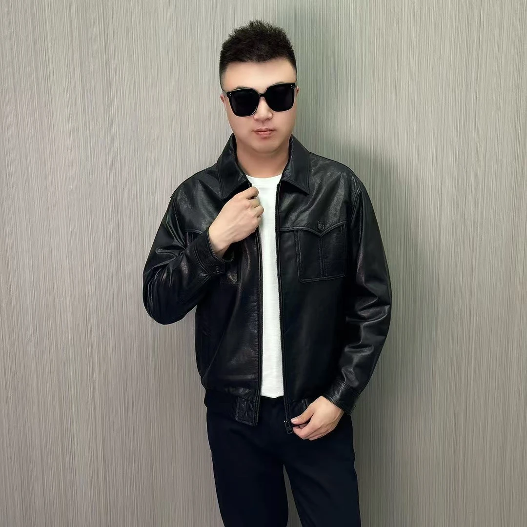 【007】秋冬奢款 订制进口绵羊 皮翻领潮流简约经典 真皮皮夹克时尚