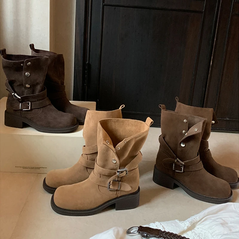 羊皮版~美拉德翻折两穿堆堆靴女2025新款增高马丁靴皮带扣短靴