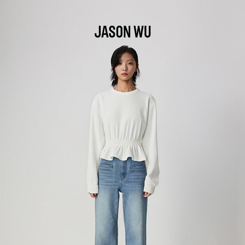 JASON WU 秋季新款通勤百搭圆领针织拼接修身长袖上衣卫衣女