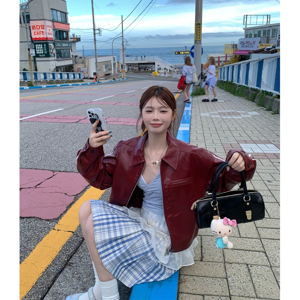 美式复古红色翻领皮衣外套女高级感秋季新款甜酷宽松夹克短款上衣