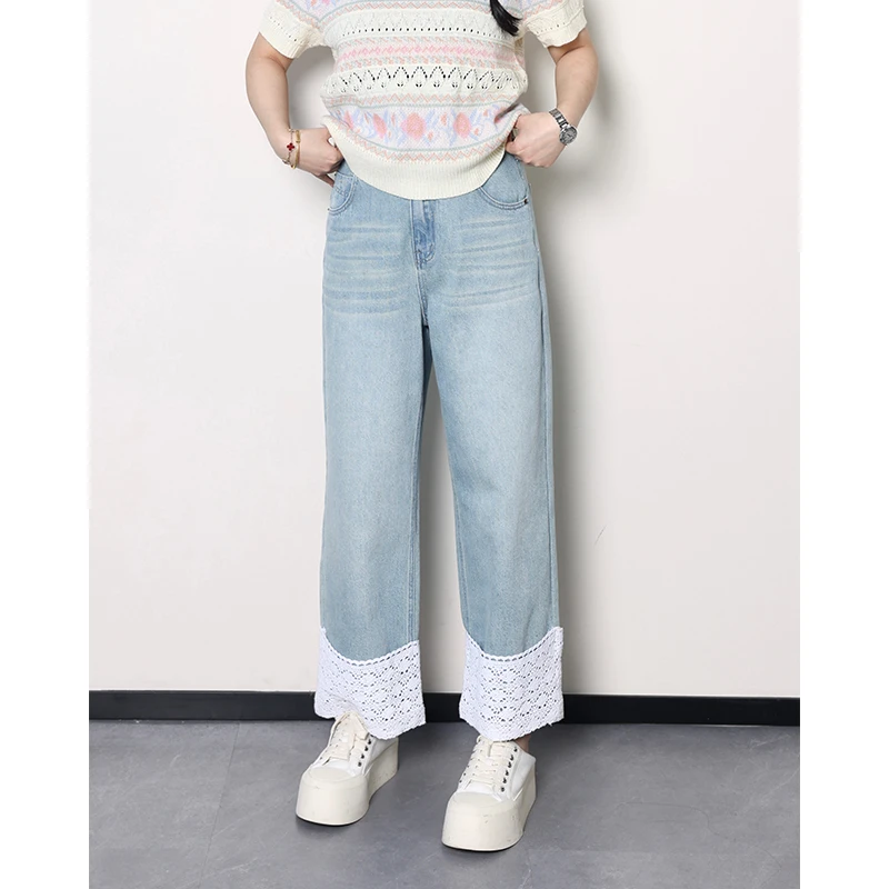 QC杨杨【蕾丝点缀】微胖大码女夏百搭蕾丝花边显瘦牛仔裤ZY405Q58