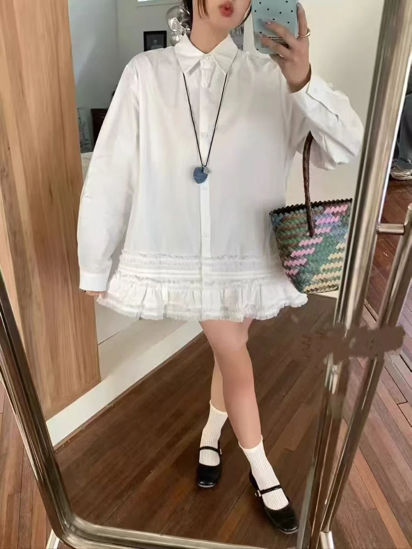 2025荷叶袖拼接春季花朵长袖衬衫宽松纯色百搭内搭设计感XXF2834