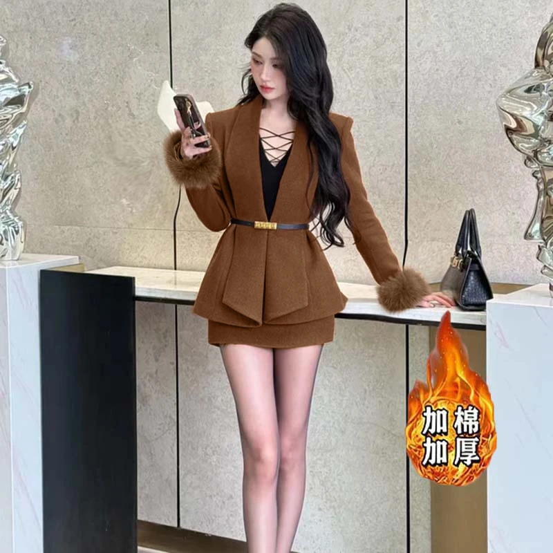 【AN】【加棉加厚】【两件套含腰带】秋冬季显瘦时尚套装网红短裙JT0228