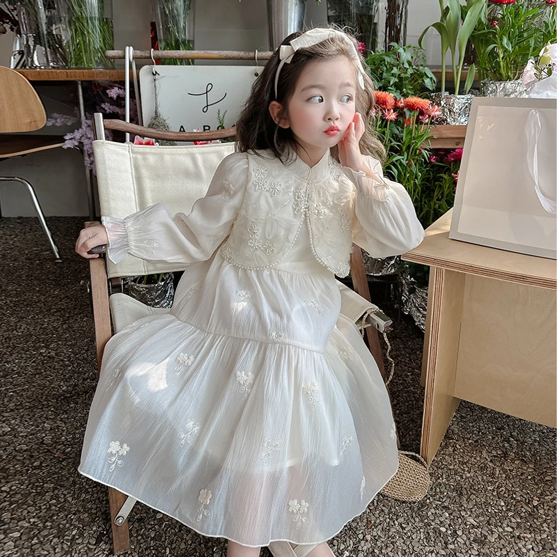 女春季甜美韩版春季休闲风连衣裙蕾丝公主裙女童洋气泡泡袖女孩