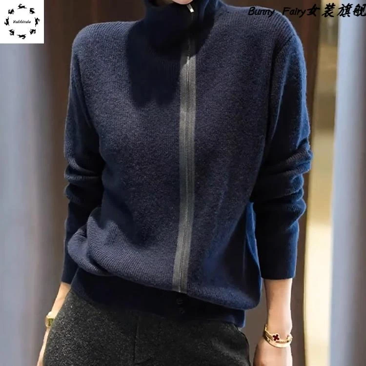 藏蓝色高领针织衫女冬季新款宽松休闲洋气减龄百搭拉链开衫外套