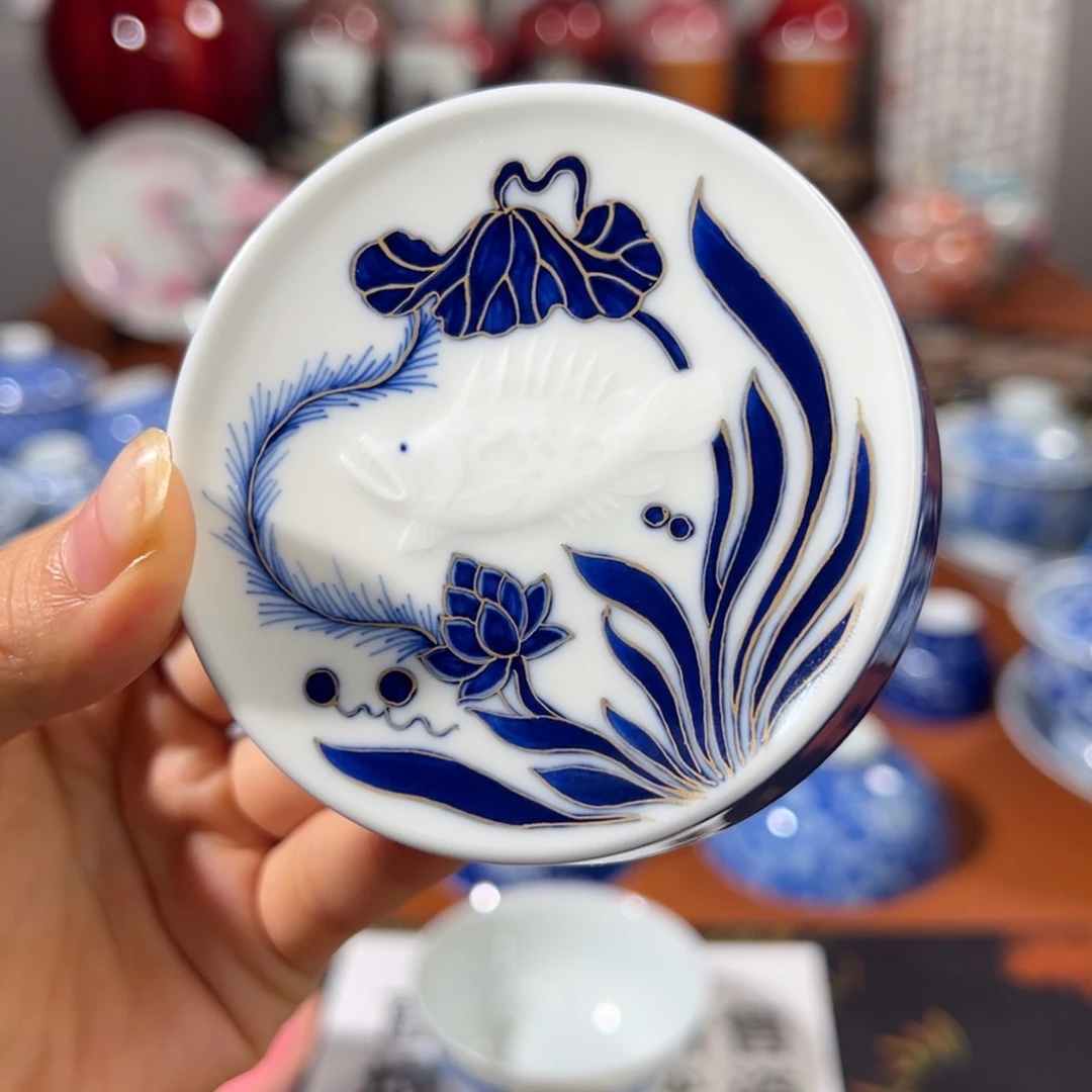 知冬煮雪手工手绘茶具洒蓝堆白上新盖置