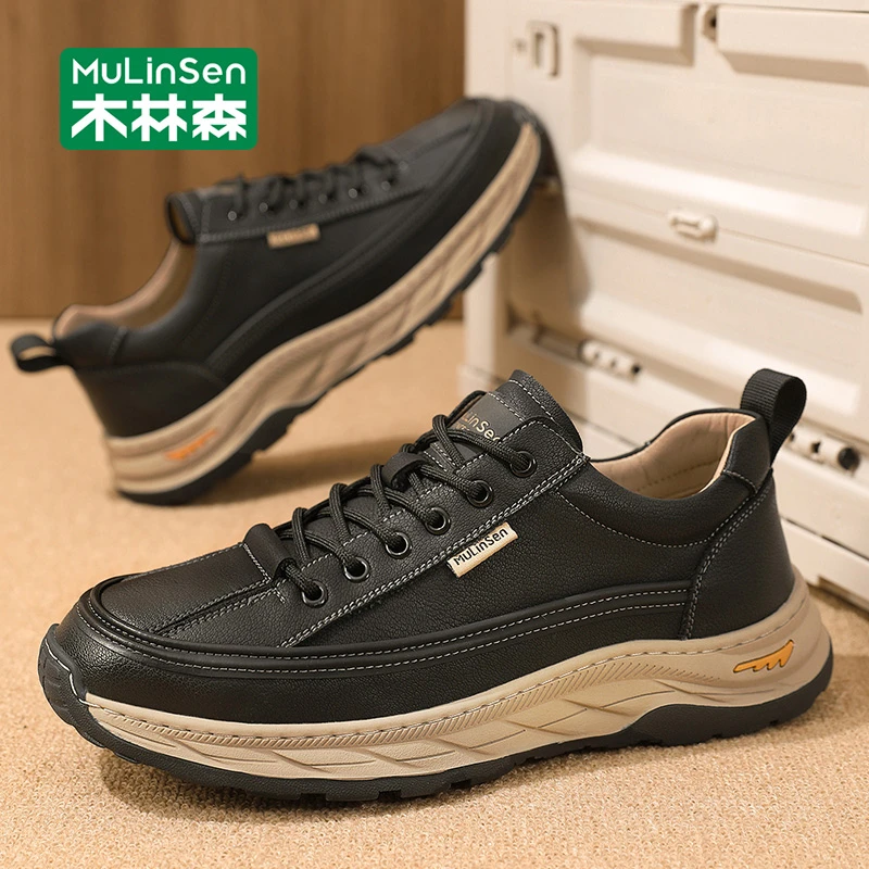 木林森男士休闲鞋2025新款夏季皮面厚底工作透气跑步青年运动潮鞋