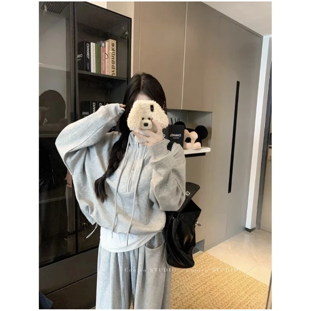 春季新款慵懒风高腰显瘦阔腿裤松弛感卫衣组合套装