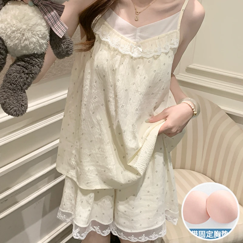 吊带睡衣女款夏季云朵棉带胸垫蕾丝花边甜美纯欲风薄款家居服套装