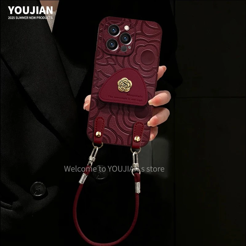 适用【苹果/oppo/华为/vivo/小米】网红山茶花创意支架防摔手机壳女