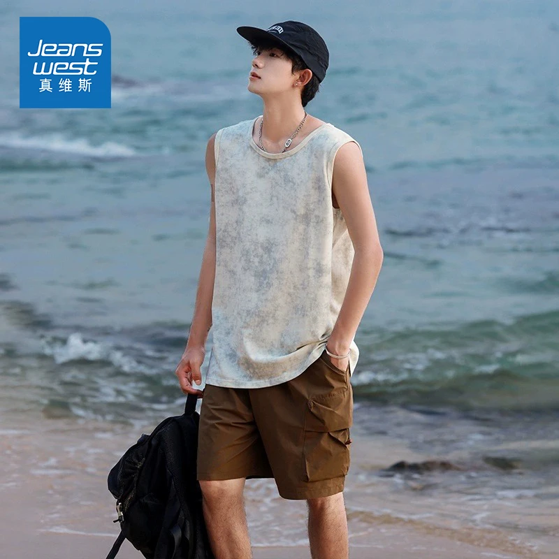 Jeanswest/真维斯男士纯棉背心夏季新款潮流宽松休闲运动无袖t恤