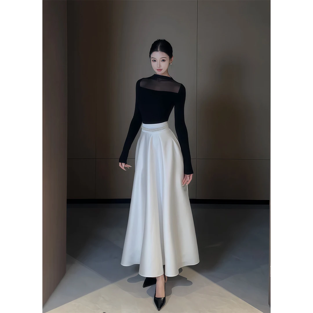 法式御姐气质高领长袖T恤上衣女秋冬季新款高腰显瘦半身长裙套装