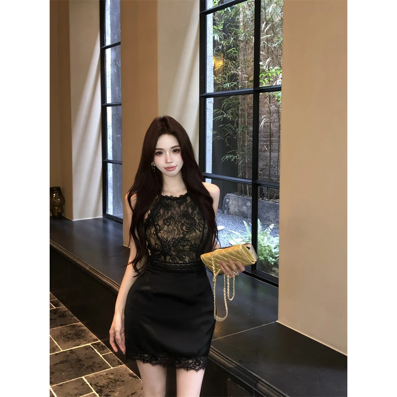 气质名媛设计感收腰显瘦黑色连衣裙女夏季蕾丝拼接修身包臀短裙子