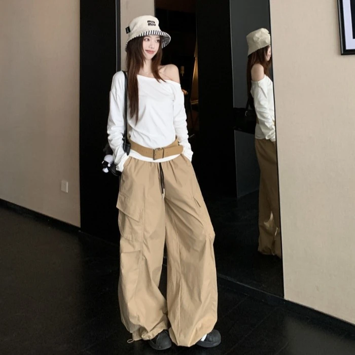 慵懒风套装女白色斜肩长袖T恤女秋季新款高腰显瘦休闲长裤两件套