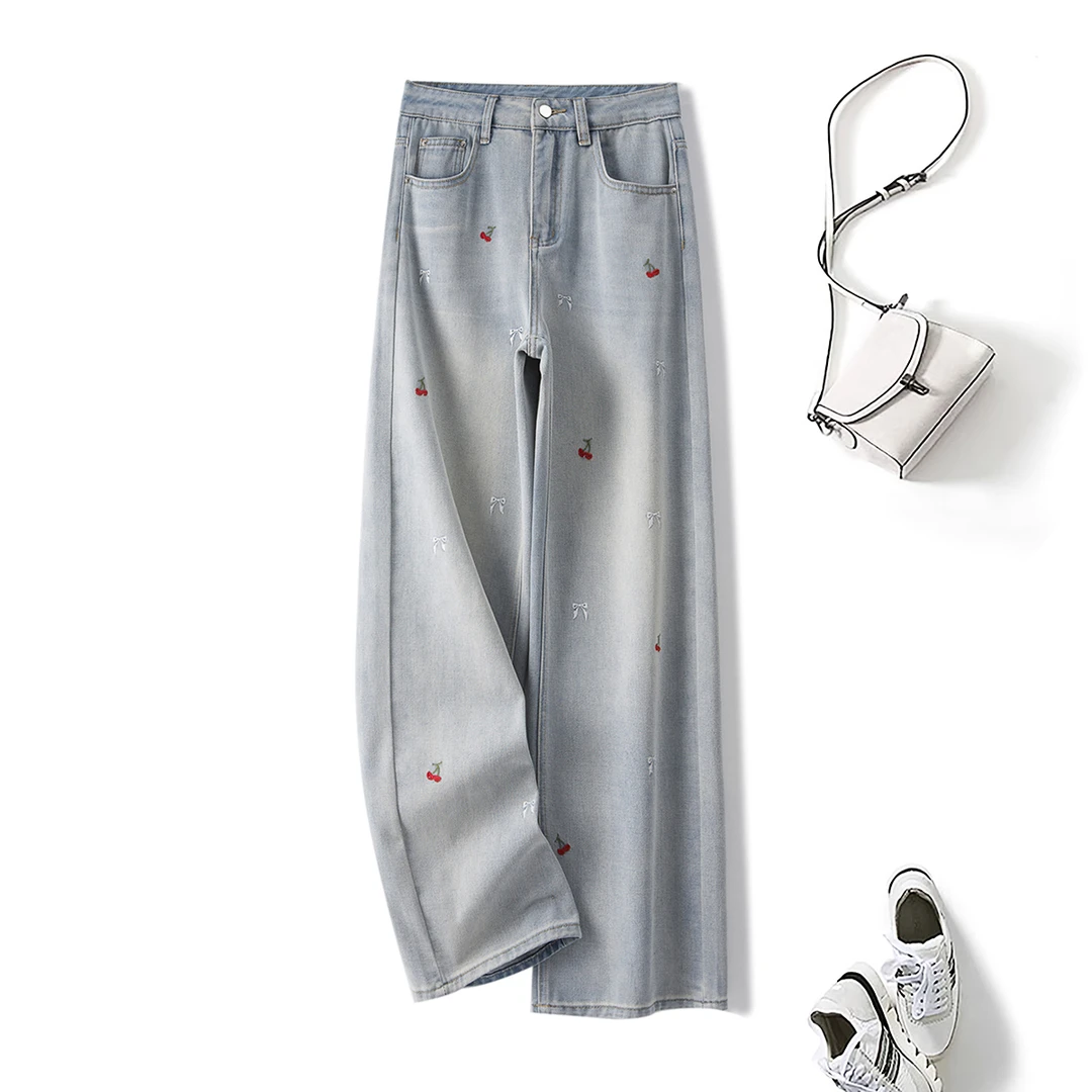 【小云总】2025春装胖mm大码刺绣直筒阔腿牛仔裤高腰拖地长裤65519