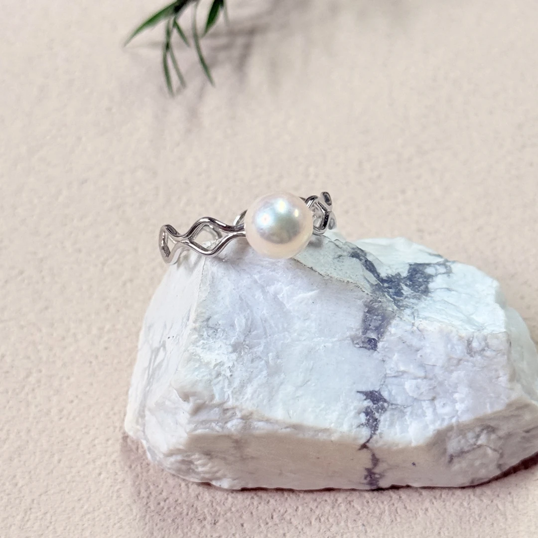 【六六中古】孤品简约海水珍珠s925开口戒指aj5887珠子6.8