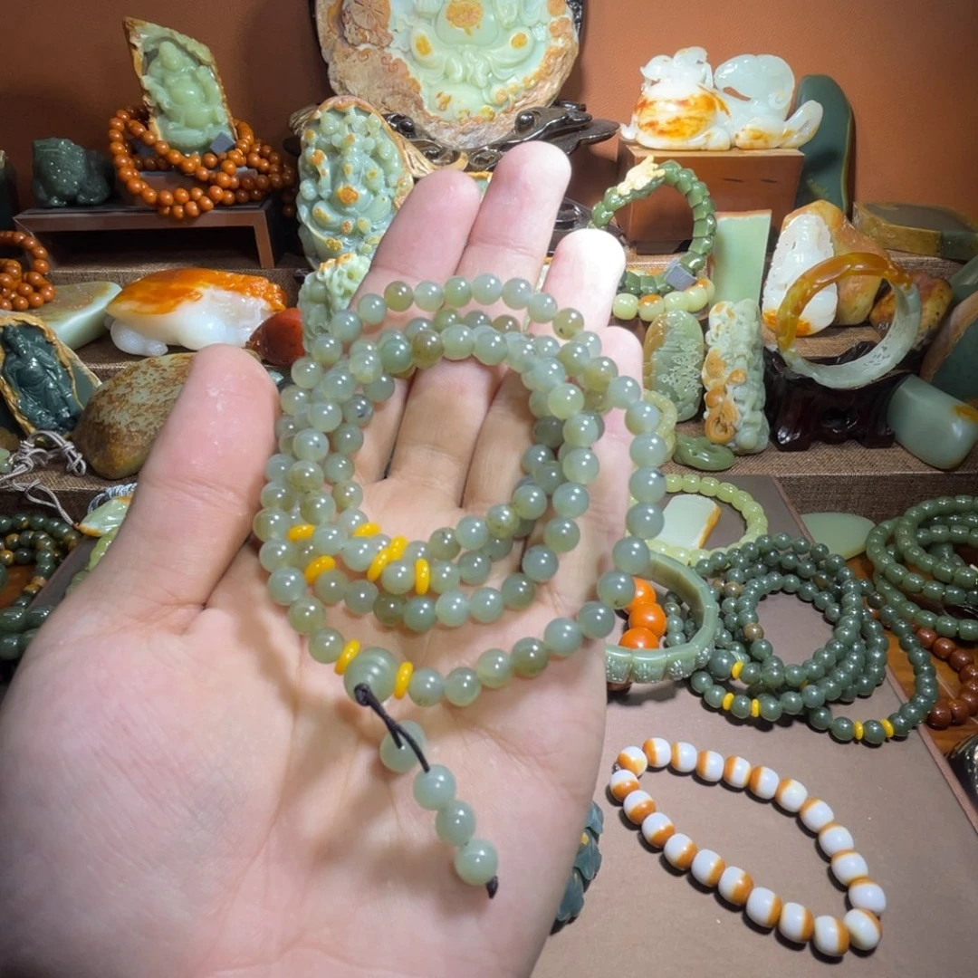 透闪石质玉108 卡6青未镶嵌